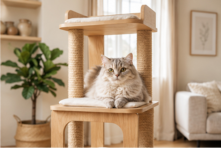 Cat on a natural scratching tree