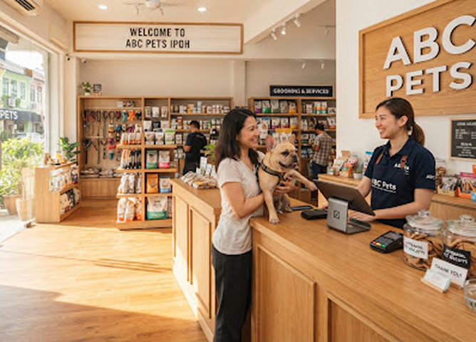 Staff welcoming a pet parent and dog at the store counter