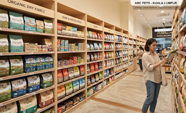Pet nutrition shelves and retail aisle