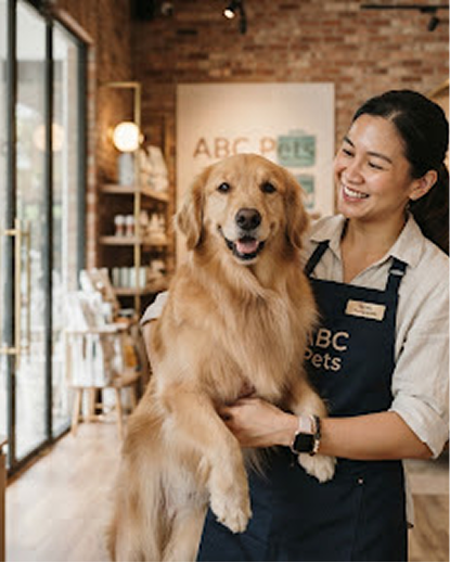ABC Pets specialist with a golden retriever in the store