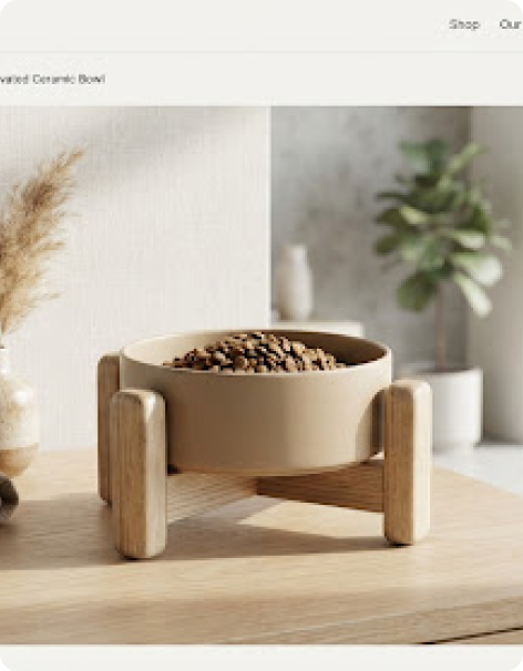 Ceramic feeding bowl on a natural wood stand