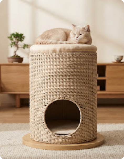 Cat resting on a natural sisal column
